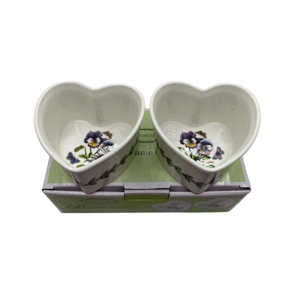 PORTMEIRION Set of 2 Botanic Garden Heart Shape Ramekins Pansies Butterflies NEW